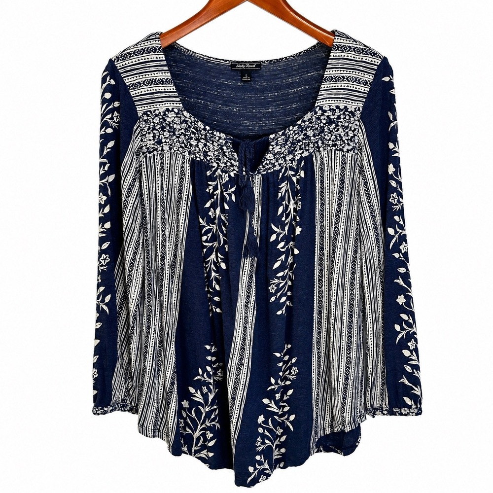 Lucky Brand Navy Blue White Floral Linen Blend Peasant Blouse Tassel Top Large